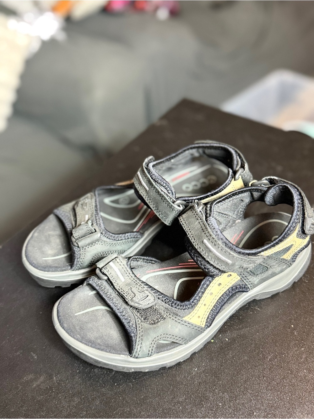 Ecco Black Sandals with Yellow Accent